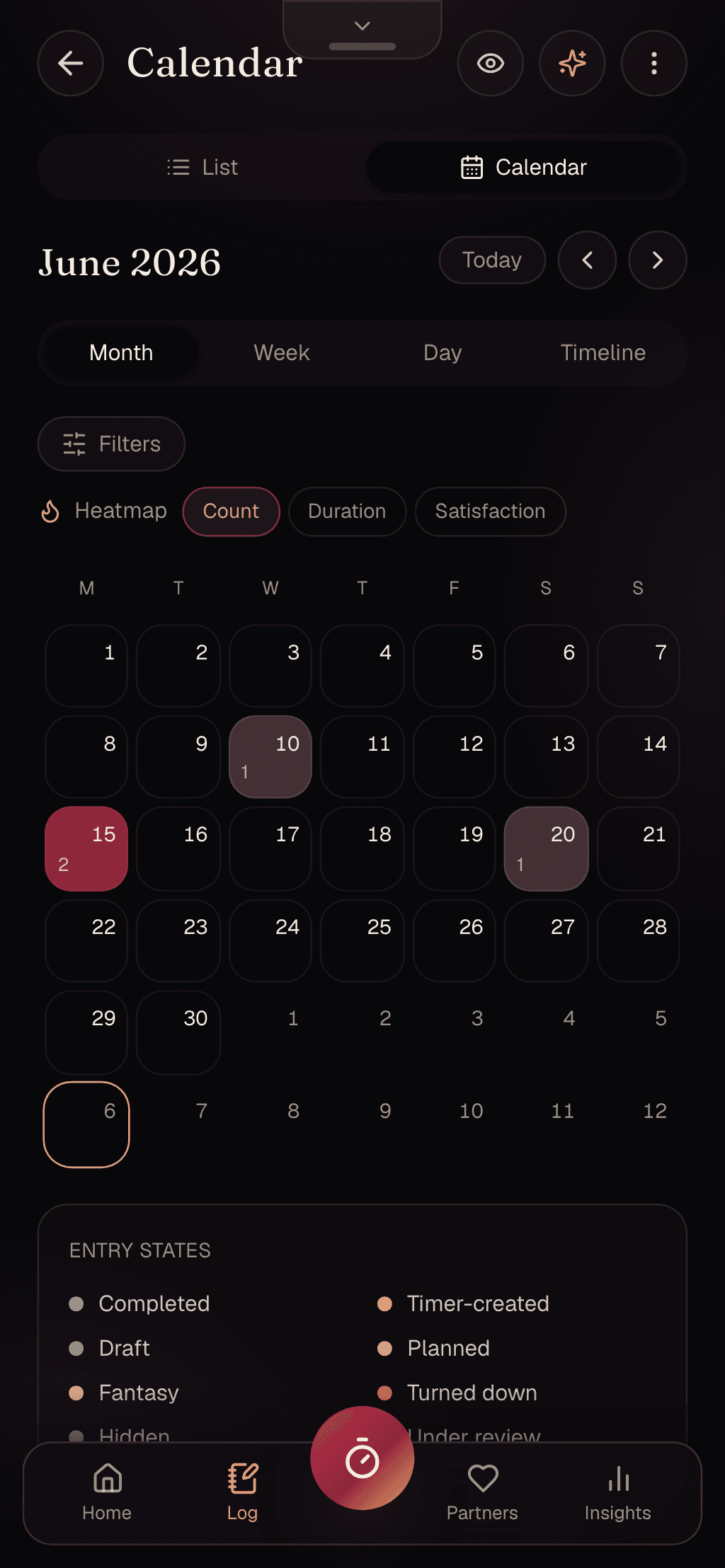 The Fervra calendar on a phone — a private month heat-map of your activity.