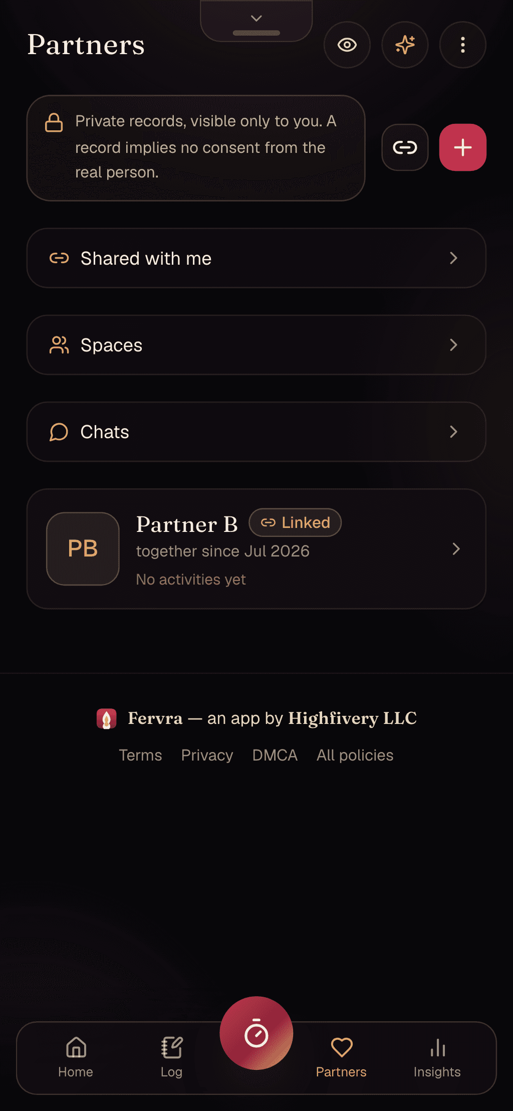 The Fervra partners screen — a linked-partner card with consent built in.
